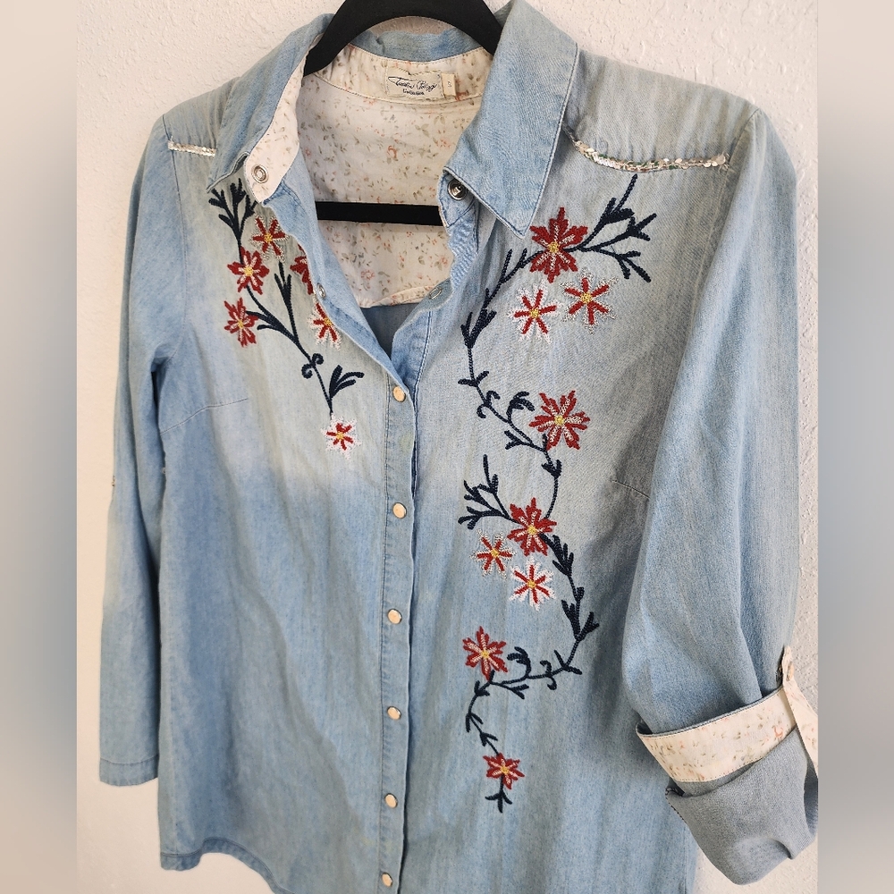 Tasha Polizzi Embroidered Denim Tunic Shirt Western Pearl Snap Small - Picture 8 of 9